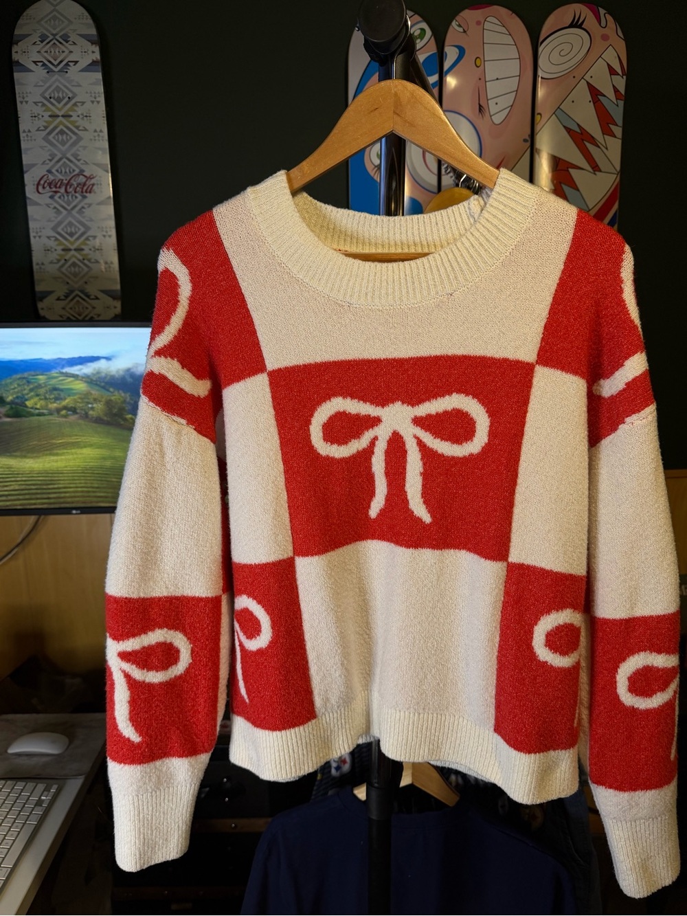 Derek Heart Checker Bow Red & Off White Fuzzy Oversized Crewneck Sweater